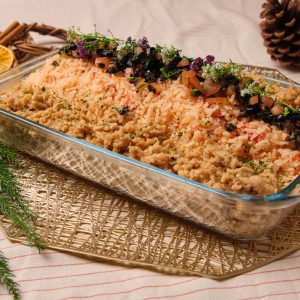 Tomato Black Olive Pilaf Rice topped with Coriander Tapenade, with Plant-Based Minced