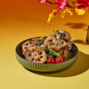 Tori Soboro-Stuffed Lotus Root Tempura dusted with Shilin-Style Sour Plum Spice Blend
