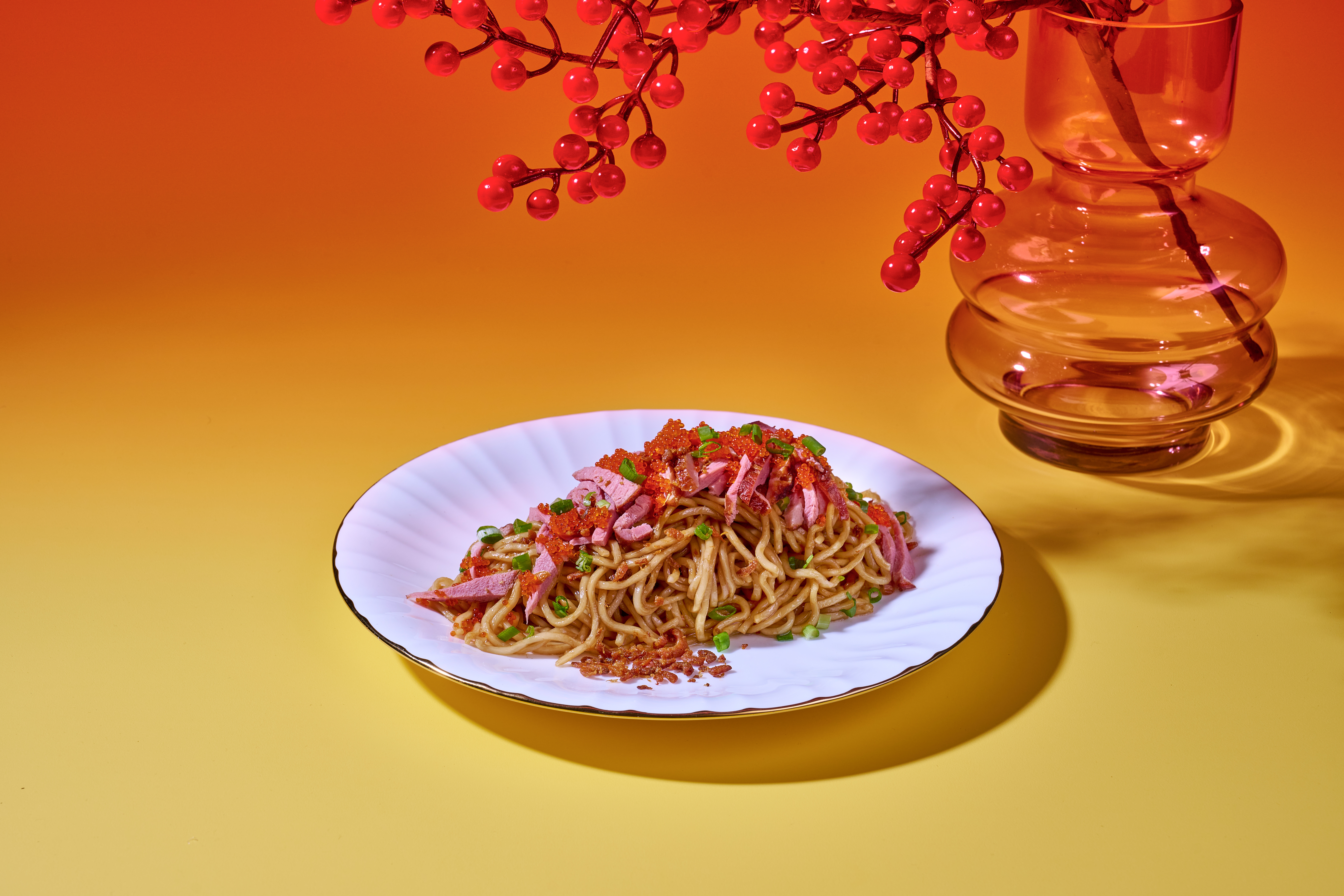 Tossed-Scallion-Oil-Noodles-with-Smoked-Duck,-Crispy-Dried-Shrimp-and-Tobiko_Wide-2