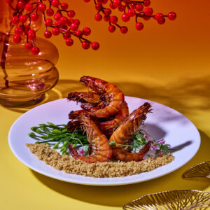Wok Seared Prawn with Teriyaki Ketchup and Flower Chives topped with Golden Cereal