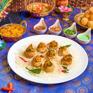 Pani Puri (Potato Masala, Chickpeas, Assam Chutney, Mint Yoghurt Chutney, Crispy Shallots, Coriander Leaves)