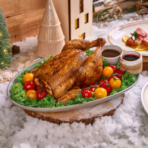 Honey Soy 5 Spice Roasted Whole Turkey served with Tea-Infused Natural Jus and Ginger Cranberry Sauce