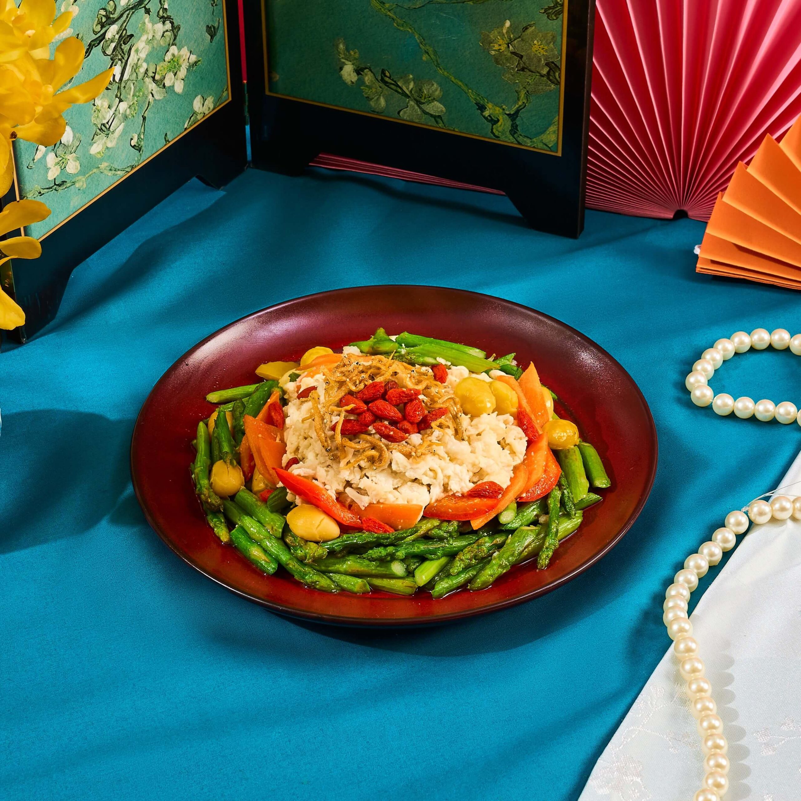 Stir-Fried Asparagus with Truffle Oil, Egg White & Crab Meat topped with Crispy Whitebait and Gingko Nuts (1)